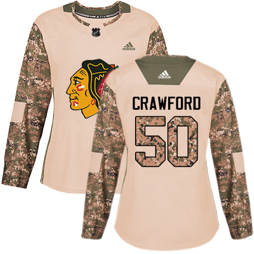 Adidas Blackhawks #50 Corey Crawford Camo Authentic Veterans Day Women's Stitched NHL Jersey